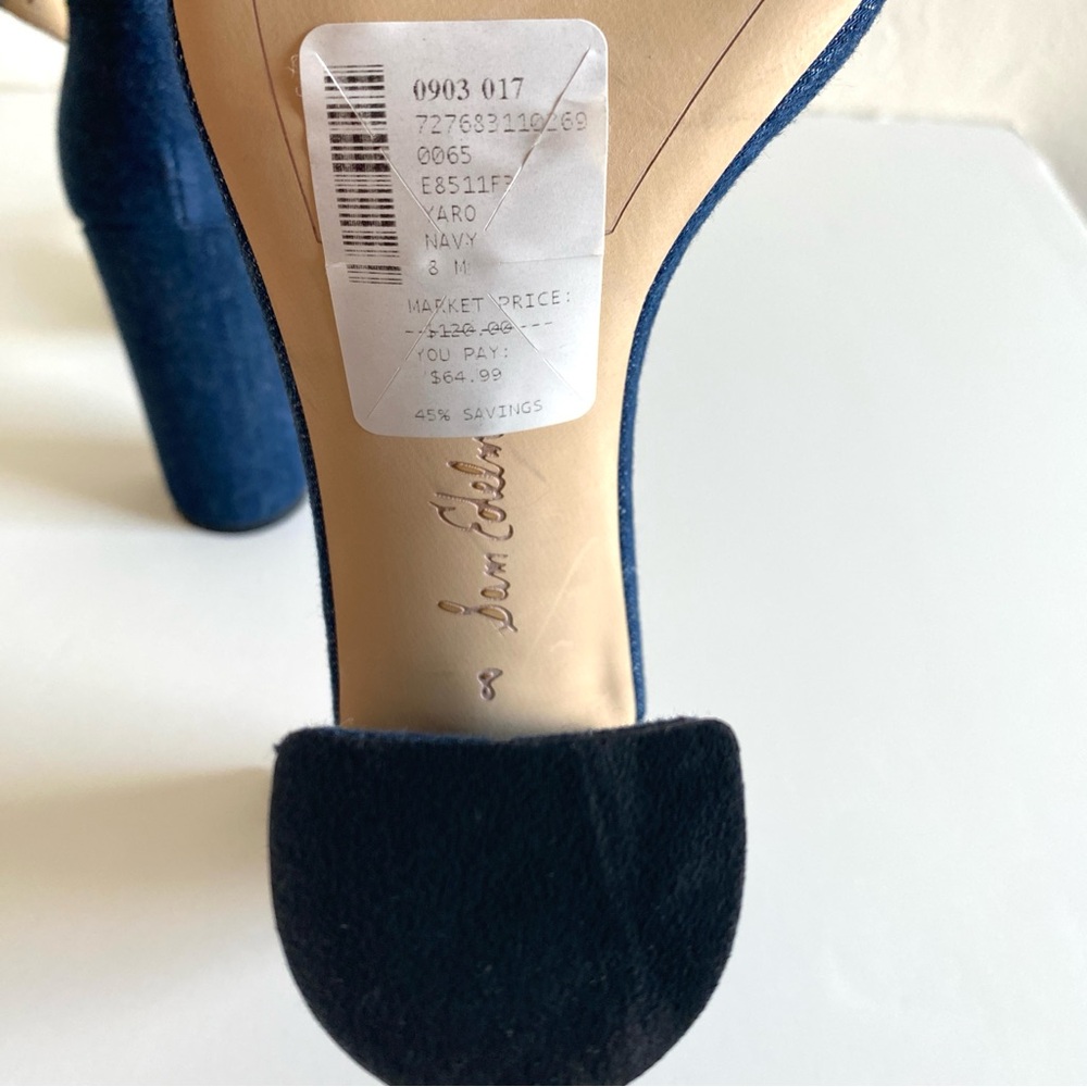 Sam Edelman Yaro Shoes 8 Navy Blue Denim Ankle Strap Block Heels Open Toes NWOT - Picture 11 of 16
